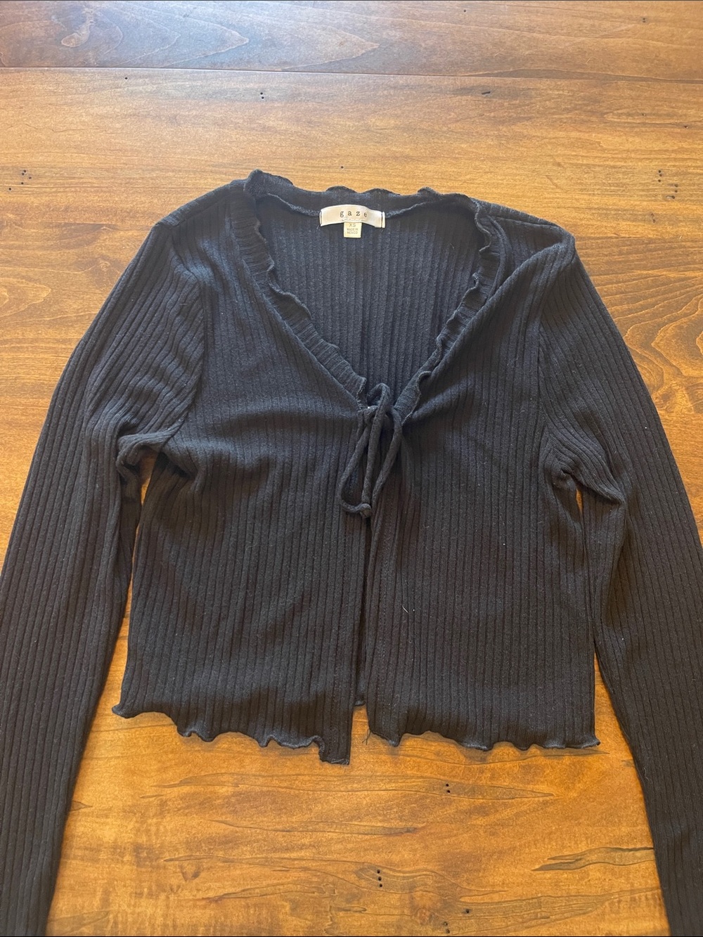 gaze Black Ribbed Tie-Front Cardigan with Ruffle Trim